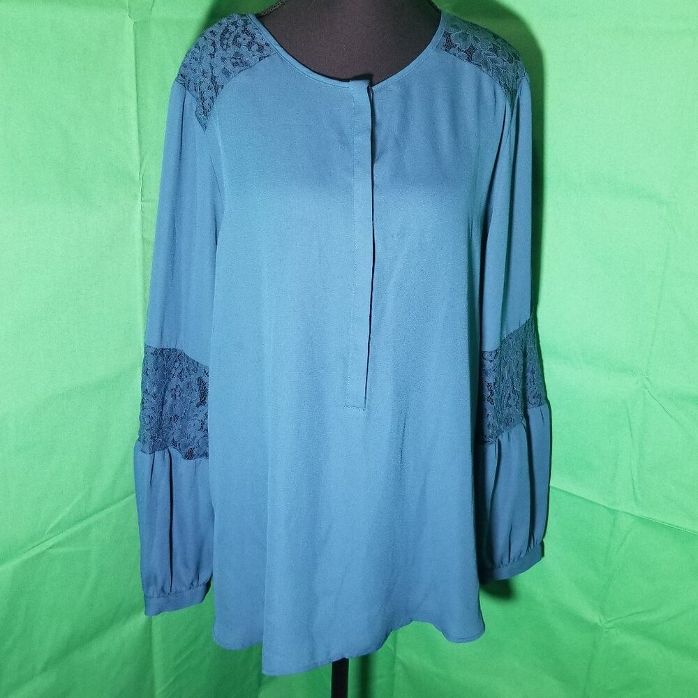 APT. 9 Womens Size XL Emerald Lace Long Sleeve Blouse Business Office Party